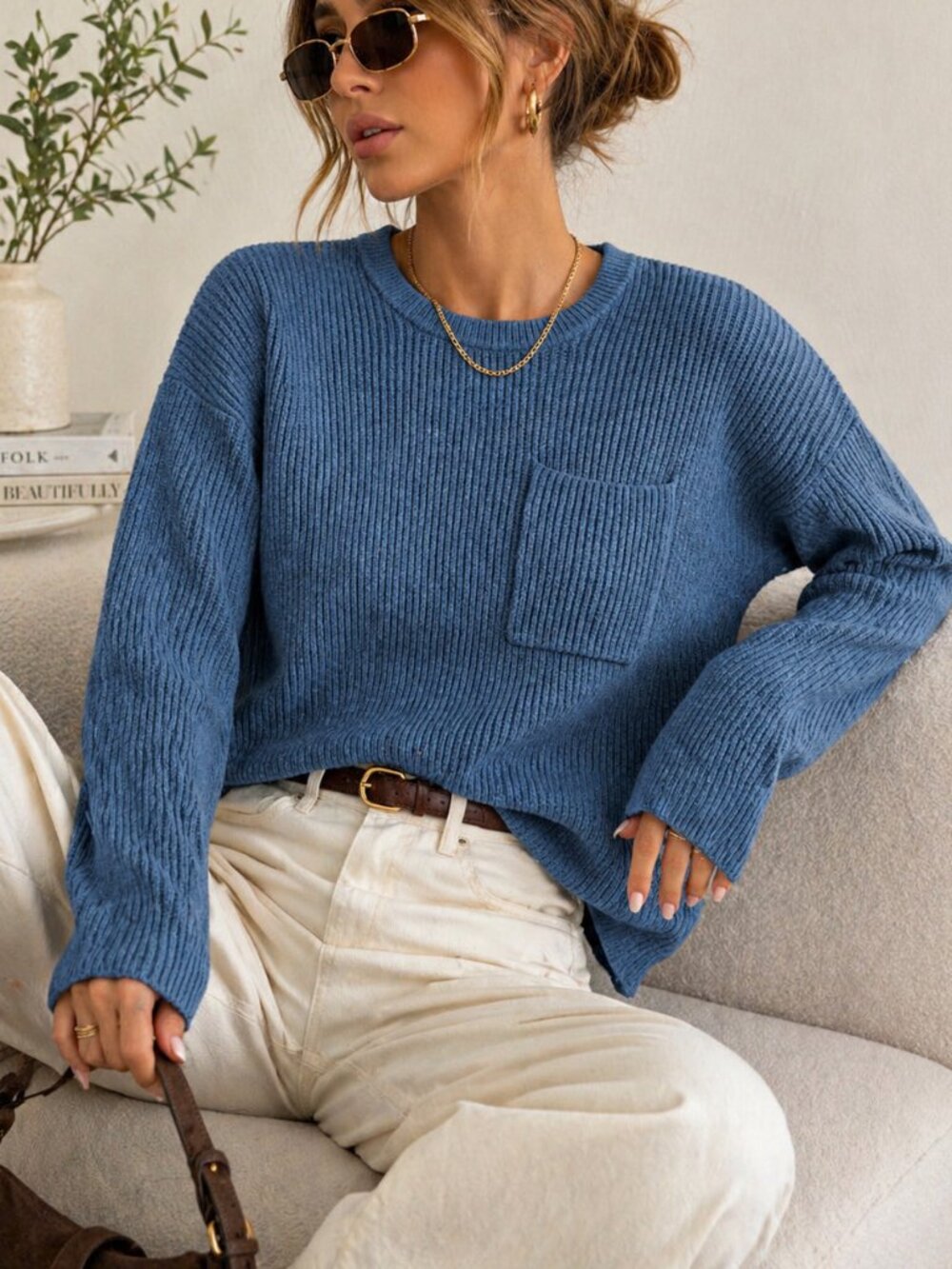 Madewell Blue Ribbed Knit Sweater XS Crewneck Pocket Soft Cozy Aesthetic Minimal